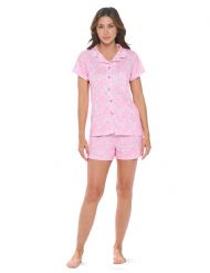 Casual Nights Women's Super Soft Pajamas Set, Short Sleeve Button Down Shirt with Pants PJ Shorts Set with Pockets - Pink Paisley