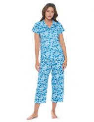 Casual Nights Women's Super Soft Capri Pajamas Set, Short Sleeve Button Down Shirt with Pants PJ Set with Pockets - Floral Blue