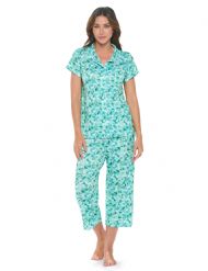 Casual Nights Women's Super Soft Capri Pajamas Set, Short Sleeve Button Down Shirt with Pants PJ Set with Pockets - Floral Green
