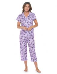 Casual Nights Women's Super Soft Capri Pajamas Set, Short Sleeve Button Down Shirt with Pants PJ Set with Pockets - Floral Purple