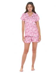 Casual Nights Women's Super Soft Pajamas Set, Short Sleeve Button Down Shirt with Pants PJ Shorts Set with Pockets - Floral Pink