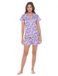 Casual Nights Women's Super Soft Pajamas Set, Short Sleeve Button Down Shirt with Pants PJ Shorts Set with Pockets - Floral Purple