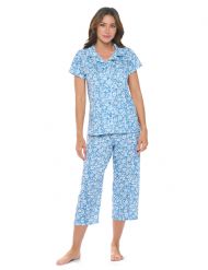 Casual Nights Women's Super Soft Capri Pajamas Set, Short Sleeve Button Down Shirt with Pants PJ Set with Pockets - Ditsy Floral Blue