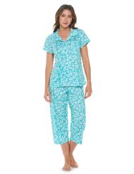 Casual Nights Women's Super Soft Capri Pajamas Set, Short Sleeve Button Down Shirt with Pants PJ Set with Pockets - Ditsy Floral Green