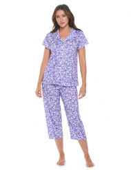 Casual Nights Women's Super Soft Capri Pajamas Set, Short Sleeve Button Down Shirt with Pants PJ Set with Pockets - Ditsy Floral Purple