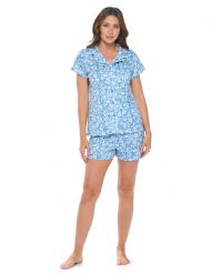 Casual Nights Women's Super Soft Pajamas Set, Short Sleeve Button Down Shirt with Pants PJ Shorts Set with Pockets - Ditsy Floral Blue