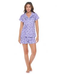 Casual Nights Women's Super Soft Pajamas Set, Short Sleeve Button Down Shirt with Pants PJ Shorts Set with Pockets - Ditsy Floral Purple