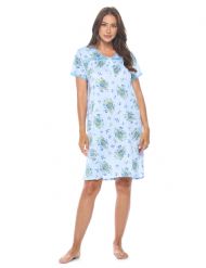 Casual Nights Women's Super Soft Yummy Nightshirt, Short Sleeve Nightgown, Night Dress with Fun Prints & Patterns - Blossom Blue