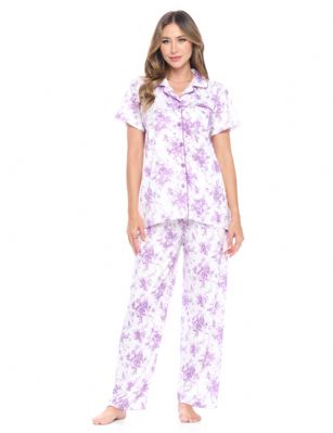Casual Nights Women's Short Sleeve Floral Pajama Set - Light Purple - Please use this size chart to determine which size will fit you best, if your measurements fall between two sizes we recommend ordering a larger size as most people prefer their sleepwear a little looser. Top Length 27", Pants Inseam 28"Medium: Measures US 4-6 Size -, Chests/Bust 34"-35" Large: Measures US Size 8-10, Chests/Bust 36-37" X-Large: Measures US Size 12-14, Chests/Bust 38-40" XX-Large: Measures US Size 16-18, Chests/Bust 41-43"  3X-Large: Measures US Size 18-20, Chests/Bust 44-46" 4X-Large: Measures US Size 20-22, Chests/Bust 46.5-48"Soft and lightweight Cotton Poly Knit Pajama 2 piece Sleep Set in a fun floral pattern. Short sleeve shirt features: Button closure, Piped finish and open pocket, Pajama pants with elasticized waist easy pull on and added comfort, approx. 28" inseam length. PJ's Set offers A comfortable fit perfect for sleeping or lounging around.