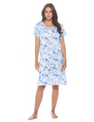Casual Nights Women's Super Soft Yummy Nightshirt, Short Sleeve Nightgown, Night Dress with Fun Prints & Patterns - Blue Flowered