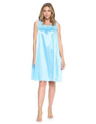 Casual Nights Women's Tricot Sheer Lace Sleeveless Nightgown - Blue - This Women's Lace Trim Lounger Tricot Nightshirt from Casual Nights is made from lightweight silky smooth poly fabric offering an ultra-comfortable yet flattering fit. Featuring; crew neckline with flower lace sheer yolk, ruffled trim with satin bow accent, sleeveless, flirty knee length approx. 38 inches. Youll love slipping it on, this sleep nightgown is a great option for those who want something a lighter and sexier. 