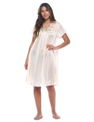 Casual Nights Women's Fancy Lace Neckline Silky Tricot Nightgown - Coral - This lightweight and comfortable silk feel Short Sleeve Women's Lace Trim Lounger Tricot Nightshirt for ladies from the Casual Nights Loungewear and Sleepwear robes Collection, in beautiful feminine floral pattern design. This easy to wear nightshirt is made of 100% Poly fabric. The satin sleep dress Features V-neck neckline with floral embroidery yolk, with bow accent on short sleeves, flirty knee length approx. 38 inches Shoulder to hem. This nightgown has a relaxed comfortable fit and comes in regular and plus sizes M, L, XL, 2X. All year winter and summer versatile multi uses, wear around the house as relaxed home day, a sleepshirt dress. Our sleep robe gowns are perfect to use for maternity, labor/delivery, hospital gown. Youll love slipping it on, this sleep nightgown is a great option for those who want something a lighter and sexier. Makes a perfect Mothers Day gift for your loved ones, mom, older women, or elderly grandmother. Even beautiful and comfortable enough for everyday use around the house.Please use our size chart to determine which size will fit you best, if your measurements fall between two sizes, we recommend ordering a larger size as most people prefer their sleepwear a little looser.  Medium: Measures US Size 8-10, Chests/Bust 36"-38" Large: Measures US Size 1214, Chests/Bust 38.5"-41" X-Large: Measures US Size 16-18, Chests/Bust 42"-44" XX-Large: Measures US Size 18W-20W, Chests/Bust 46-48"