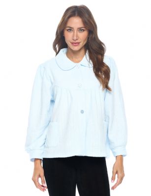 Casual Nights Women's Button Front Jacquard Terry Fleece Sleep Bed Jacket Top with Pockets - Blue - Introducing our Soft Fleece Bed Jacket: the ultimate solution for staying comfortably warm while embracing your preferred lighter nightwear. If you're someone who runs hot but loves the snugness of a warm layer, this bed jacket is tailored just for you. Designed to complement thinner nightgowns, it's the perfect companion for bedtime reading or TV watching. Tired of wrestling with long robes? Say goodbye to that struggle. This bed jacket is effortlessly removable, allowing you to drape it over your chair as you slip into a peaceful slumber.Experience the coziness firsthand. Imagine the soothing embrace of this bed jacket during post-surgery recovery. Similar to a beloved bed jacket, this fleece wonder boasts a flattering collar, button-up front, and deep side patch pockets  a handy touch for stowing tissues, candy, or your cell phone. No need to compromise style for comfort  this bed jacket effortlessly combines both.And that's not all. We believe in the power of heartfelt gifting. Our bed jacket found a special place in the heart of a 99-year-old friend who perpetually battled the cold. This thoughtful gesture not only brought warmth but also beamed with love. You'll cherish its impact, just as she did.Made from easy-care polyester, this imported bed jacket measures approximately 24L and is machine washable, making maintenance a breeze. Whether you're winding down after a long day or seeking solace during recovery, our Soft Fleece Bed Jacket is your ticket to warm, comfy, and cozy nights.