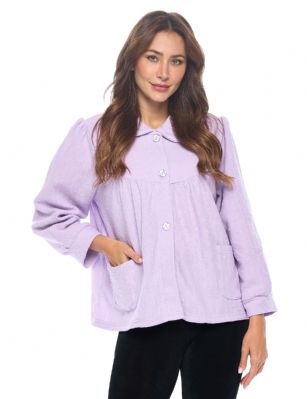 Casual Nights Women's Button Front Jacquard Terry Fleece Sleep Bed Jacket Top with Pockets - Lilac Purple - Introducing our Soft Fleece Bed Jacket: the ultimate solution for staying comfortably warm while embracing your preferred lighter nightwear. If you're someone who runs hot but loves the snugness of a warm layer, this bed jacket is tailored just for you. Designed to complement thinner nightgowns, it's the perfect companion for bedtime reading or TV watching. Tired of wrestling with long robes? Say goodbye to that struggle. This bed jacket is effortlessly removable, allowing you to drape it over your chair as you slip into a peaceful slumber.Experience the coziness firsthand. Imagine the soothing embrace of this bed jacket during post-surgery recovery. Similar to a beloved bed jacket, this fleece wonder boasts a flattering collar, button-up front, and deep side patch pockets  a handy touch for stowing tissues, candy, or your cell phone. No need to compromise style for comfort  this bed jacket effortlessly combines both.And that's not all. We believe in the power of heartfelt gifting. Our bed jacket found a special place in the heart of a 99-year-old friend who perpetually battled the cold. This thoughtful gesture not only brought warmth but also beamed with love. You'll cherish its impact, just as she did.Made from easy-care polyester, this imported bed jacket measures approximately 24L and is machine washable, making maintenance a breeze. Whether you're winding down after a long day or seeking solace during recovery, our Soft Fleece Bed Jacket is your ticket to warm, comfy, and cozy nights.