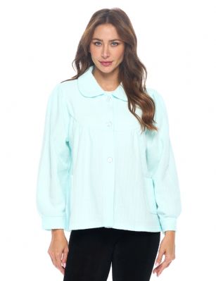 Casual Nights Women's Button Front Jacquard Terry Fleece Sleep Bed Jacket Top with Pockets - Mint Green - Introducing our Soft Fleece Bed Jacket: the ultimate solution for staying comfortably warm while embracing your preferred lighter nightwear. If you're someone who runs hot but loves the snugness of a warm layer, this bed jacket is tailored just for you. Designed to complement thinner nightgowns, it's the perfect companion for bedtime reading or TV watching. Tired of wrestling with long robes? Say goodbye to that struggle. This bed jacket is effortlessly removable, allowing you to drape it over your chair as you slip into a peaceful slumber.Experience the coziness firsthand. Imagine the soothing embrace of this bed jacket during post-surgery recovery. Similar to a beloved bed jacket, this fleece wonder boasts a flattering collar, button-up front, and deep side patch pockets  a handy touch for stowing tissues, candy, or your cell phone. No need to compromise style for comfort  this bed jacket effortlessly combines both.And that's not all. We believe in the power of heartfelt gifting. Our bed jacket found a special place in the heart of a 99-year-old friend who perpetually battled the cold. This thoughtful gesture not only brought warmth but also beamed with love. You'll cherish its impact, just as she did.Made from easy-care polyester, this imported bed jacket measures approximately 24L and is machine washable, making maintenance a breeze. Whether you're winding down after a long day or seeking solace during recovery, our Soft Fleece Bed Jacket is your ticket to warm, comfy, and cozy nights.