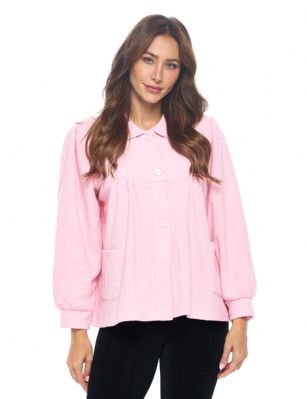 Casual Nights Women's Button Front Jacquard Terry Fleece Sleep Bed Jacket Top with Pockets - Pink - Introducing our Soft Fleece Bed Jacket: the ultimate solution for staying comfortably warm while embracing your preferred lighter nightwear. If you're someone who runs hot but loves the snugness of a warm layer, this bed jacket is tailored just for you. Designed to complement thinner nightgowns, it's the perfect companion for bedtime reading or TV watching. Tired of wrestling with long robes? Say goodbye to that struggle. This bed jacket is effortlessly removable, allowing you to drape it over your chair as you slip into a peaceful slumber.Experience the coziness firsthand. Imagine the soothing embrace of this bed jacket during post-surgery recovery. Similar to a beloved bed jacket, this fleece wonder boasts a flattering collar, button-up front, and deep side patch pockets  a handy touch for stowing tissues, candy, or your cell phone. No need to compromise style for comfort  this bed jacket effortlessly combines both.And that's not all. We believe in the power of heartfelt gifting. Our bed jacket found a special place in the heart of a 99-year-old friend who perpetually battled the cold. This thoughtful gesture not only brought warmth but also beamed with love. You'll cherish its impact, just as she did.Made from easy-care polyester, this imported bed jacket measures approximately 24L and is machine washable, making maintenance a breeze. Whether you're winding down after a long day or seeking solace during recovery, our Soft Fleece Bed Jacket is your ticket to warm, comfy, and cozy nights.