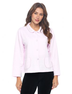 Casual Nights Women's Button Front Quilted Cotton Blend Sleep Bed Jacket Top with Pockets - Lilac Purple - Introducing our Soft Quilted Cotton Blend Bed Jacket: the ultimate solution for staying comfortably warm while embracing your preferred lighter nightwear, featured with embroidery and lace trim. If you're someone who runs hot but loves the snugness of a warm layer, this bed jacket is tailored just for you. Designed to complement thinner nightgowns, it's the perfect companion for bedtime reading or TV watching. Tired of wrestling with long robes? Say goodbye to that struggle. This bed jacket is effortlessly removable, allowing you to drape it over your chair as you slip into a peaceful slumber.Experience the coziness firsthand. Imagine the soothing embrace of this bed jacket during post-surgery recovery. Similar to a beloved bed jacket, this soft cotton wonder boasts a flattering collar, button-up front, and deep side patch pockets  a handy touch for stowing tissues, candy, or your cell phone. No need to compromise style for comfort  this bed jacket effortlessly combines both.And that's not all. We believe in the power of heartfelt gifting. Our bed jacket found a special place in the heart of a 99-year-old friend who perpetually battled the cold. This thoughtful gesture not only brought warmth but also beamed with love. You'll cherish its impact, just as she did.Made from easy-care cotton-poly, this imported bed jacket measures approximately 24L and is machine washable, making maintenance a breeze. Whether you're winding down after a long day or seeking solace during recovery, our Soft Cotton Bed Jacket is your ticket to warm, comfy, and cozy nights.