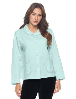 Casual Nights Women's Button Front Quilted Cotton Blend Sleep Bed Jacket Top with Pockets - Mint Green - Introducing our Soft Quilted Cotton Blend Bed Jacket: the ultimate solution for staying comfortably warm while embracing your preferred lighter nightwear, featured with embroidery and lace trim. If you're someone who runs hot but loves the snugness of a warm layer, this bed jacket is tailored just for you. Designed to complement thinner nightgowns, it's the perfect companion for bedtime reading or TV watching. Tired of wrestling with long robes? Say goodbye to that struggle. This bed jacket is effortlessly removable, allowing you to drape it over your chair as you slip into a peaceful slumber.Experience the coziness firsthand. Imagine the soothing embrace of this bed jacket during post-surgery recovery. Similar to a beloved bed jacket, this soft cotton wonder boasts a flattering collar, button-up front, and deep side patch pockets  a handy touch for stowing tissues, candy, or your cell phone. No need to compromise style for comfort  this bed jacket effortlessly combines both.And that's not all. We believe in the power of heartfelt gifting. Our bed jacket found a special place in the heart of a 99-year-old friend who perpetually battled the cold. This thoughtful gesture not only brought warmth but also beamed with love. You'll cherish its impact, just as she did.Made from easy-care cotton-poly, this imported bed jacket measures approximately 24L and is machine washable, making maintenance a breeze. Whether you're winding down after a long day or seeking solace during recovery, our Soft Cotton Bed Jacket is your ticket to warm, comfy, and cozy nights.