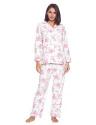 Casual Nights Women's Flannel Long Sleeve Button Down Pajama Set - White Pink Flower