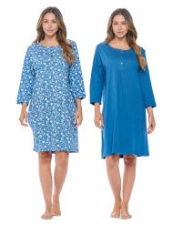 Casual Nights Women's Henley Nightshirts Set of 2, Floral 3/4 Sleeve Nightgowns & Solid Sleepwear Shirt - Blue
