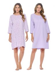 Casual Nights Women's Henley Nightshirts Set of 2, Floral 3/4 Sleeve Nightgowns & Solid Sleepwear Shirt - Lilac