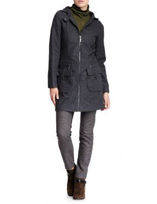 Vertigo Paris Women's Wool  Long Sleeve Zip Up hooded Coat - Charcoal - A truly classic coat to keep your warm and stylish for many seasons to come, Features zipper closure, front pockets and stand up collar. 