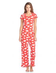 BHPJ By Bedhead Pajamas Women's Soft Knit Ruffle Short Sleeve Capri Pajama Set - Coral Dancing Sheep