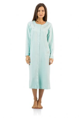 Casual Nights Women's Long Quilted Robe House Dress - Green - This Long Quilted Lounger Housecoat Robe from Casual Nights, exceptionally lightweight made from cotton blend soft to the touch fabric. Lounge robe  features; long sleeves, quilted detail, embroidered flowers, front hand pocket, 7 easy button front closure makes this lounger easy to wear. Mid-calf length measures approx. 44 Inches. A comfort loose fit style perfect for spas, shower houses, lounging, changing. sleeping and more. 