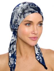 Ashford & Brooks  Women's Pretied Printed Fitted Headscarf Chemo Bandana - Floral Blue/White