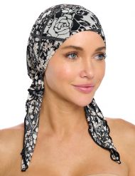Ashford & Brooks  Women's Pretied Printed Fitted Headscarf Chemo Bandana - Classic Black/White