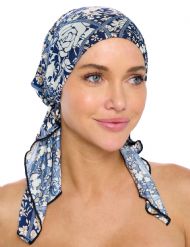 Ashford & Brooks  Women's Pretied Printed Fitted Headscarf Chemo Bandana - Classic Navy/White