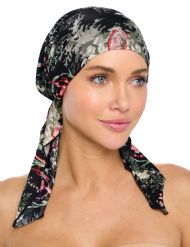 Ashford & Brooks  Women's Pretied Printed Fitted Headscarf Chemo Bandana - Abstract Black/Green/ Coral