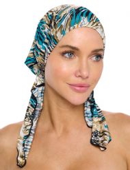 Ashford & Brooks  Women's Pretied Printed Fitted Headscarf Chemo Bandana - Abstract Black/Aqua/Tan