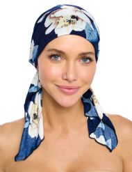 Ashford & Brooks  Women's Pretied Printed Fitted Headscarf Chemo Bandana - Vintage Navy/White