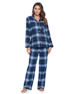 Ashford & Brooks Women's Flannel Plaid Pajamas Long Pj Set - Navy White ...