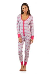 BHPJ By Bedhead Pajamas Women's Soft Knit Button Front One Piece Pajama Jumpsuit - Pink Snow Flakes