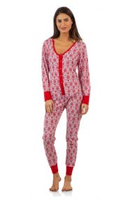 BHPJ By Bedhead Pajamas Women's Soft Knit Button Front One Piece Pajama Jumpsuit - Red Fair Isle B