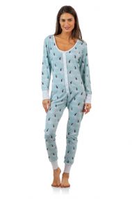 BHPJ By Bedhead Pajamas Women's Soft Knit Button Front One Piece Pajama Jumpsuit - Snow Penguin