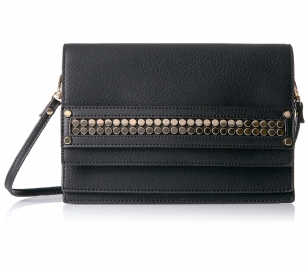 Steve Madden Bhavenn Foldover Crossbody Clutch - Black - Sleekly store your belongings in this super-slim clutch, featuring aclassic neatdesign with a flap closure detailed with a simple band of gold tone studs and optional crossbody strap, Interior lining with a back wall zip pocket and multifunctional slip pocket beneath flap for easy to get to items.