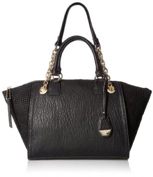 Jessica Simpson Eve Satchel Bag - Black - Look fabulous and functional all day long when you carry theEve Satchel by Jessica Simpson, fashioned from soft faux textured leather. Main zipper closure, Carry handles with additional shoulder straps,front zip pocket and signature logo plate, bag opens to fully lined interior with back zip and 2 slip pockets. This chic handbag is right on trend, Great for exceptional organization in sleek styling.