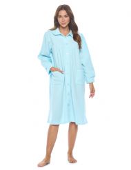 Casual Nights Women's Button Front Jacquard Terry Fleece Lounger Robe with Pockets - Blue