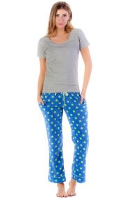 Bottoms Out Womens Short Sleeve Knit Top with Fleece Pants Pajama Set - Blue/Heather Grey
