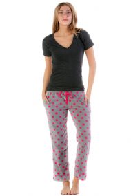 Bottoms Out Womens Short Sleeve Knit Top with Fleece Pants Pajama Set - Grey/Charcoal