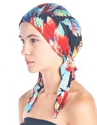 Ashford & Brooks  Women's Pretied Printed Fitted Headscarf Chemo Bandana - Black/Red Tropical Fronds
