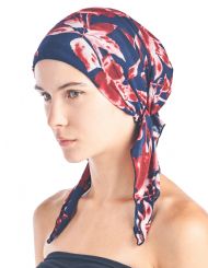 Ashford & Brooks  Women's Pretied Printed Fitted Headscarf Chemo Bandana - Navy Red Floral