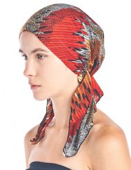 Ashford & Brooks  Women's Pretied Printed Fitted Headscarf Chemo Bandana - Red/Brown/Black Abstract