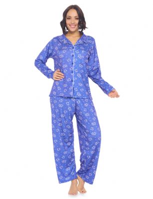 Casual Nights Women's Rayon Printed Long Sleeve Soft Pajama Set - Royal Blue Dot Floral - Soft and lightweight Rayon Knit Pajamas in a fun prints and patterns, coziest pajamas you'll ever own. Features Button down closure with notch collar, matching easy pull on pajama pants with elastic waistband for added comfort, These pj's offer comfortable straight fit perfect for sleeping or curling up on the couch to watch a movie.Please use our size chart to determine which size will fit you best, if your measurements fall between two sizes we recommend ordering a larger size as most people prefer their sleepwear a little looser.Medium: Measures US Size 8-10, Chests/Bust 3''-38" Large: Measures US Size 12-14, Chests/Bust 38.5"-40"X-Large: Measures US Size 16-18, Chests/Bust 41.5"-42XX-Large: Measures US Size 18-20, Chests/Bust 43"-45" 