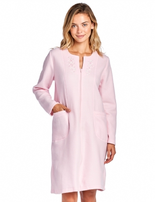 Casual Nights Women's Long Sleeve Zip Up Front Short Fleece Robe - Pink - This cozy warm Zipper Front Fleece Robe from Casual Nights, Exceptionally lightweight bathrobe made from poly fleece smooth to the touch fabric. Housecoat features; Long sleeves, stitching detail, flower embroidery appliques, front zip closure measures 28" inches makes the shower robe easy to wear. Measures approx. 39" from shoulder to hem. Perfect for spas, shower houses, dorms, pools, gyms, bathrooms, lounging, changing and more. Excellent Gift Idea.