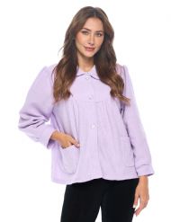 Casual Nights Women's Button Front Jacquard Terry Fleece Sleep Bed Jacket Top with Pockets - Lilac Purple