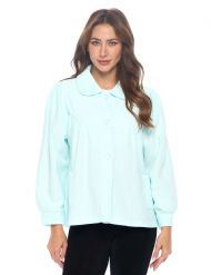 Casual Nights Women's Button Front Jacquard Terry Fleece Sleep Bed Jacket Top with Pockets - Mint Green